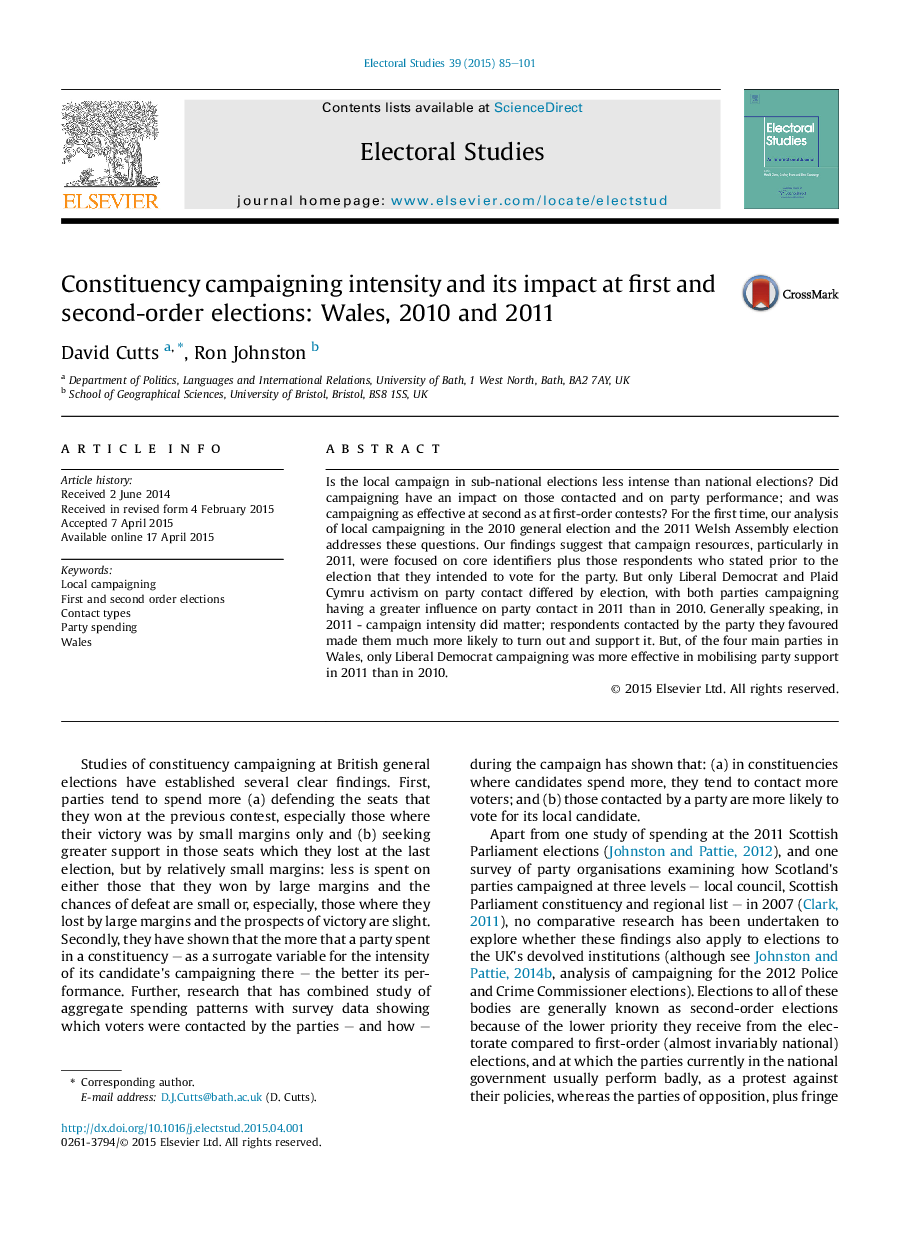 Constituency campaigning intensity and its impact at first and second-order elections: Wales, 2010 and 2011