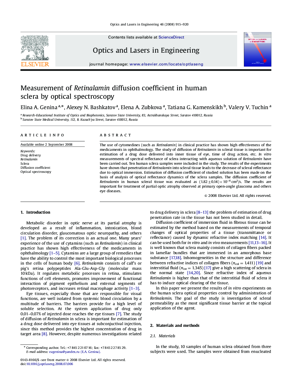 Measurement of Retinalamin diffusion coefficient in human sclera by optical spectroscopy