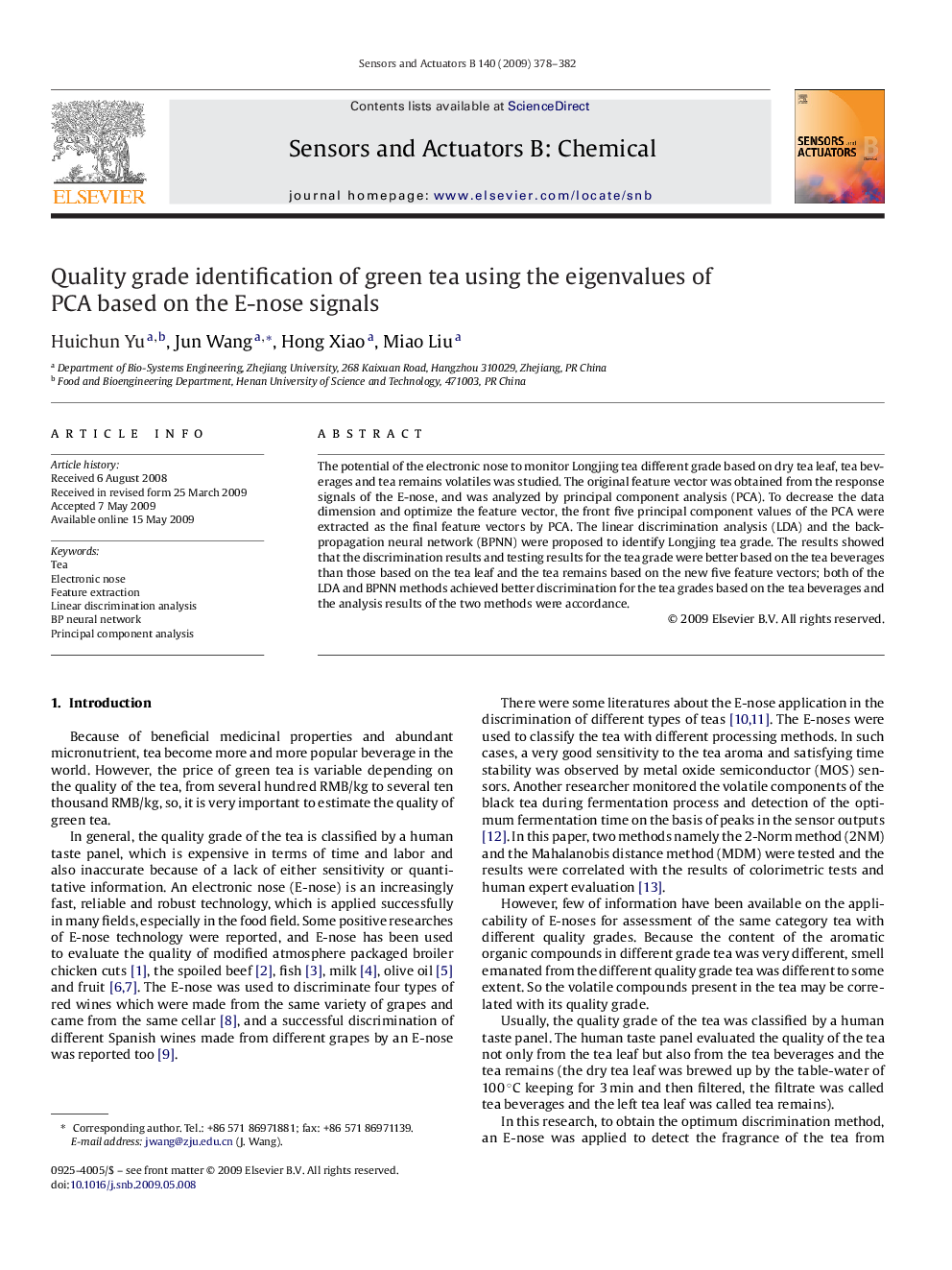 Quality grade identification of green tea using the eigenvalues of PCA based on the E-nose signals