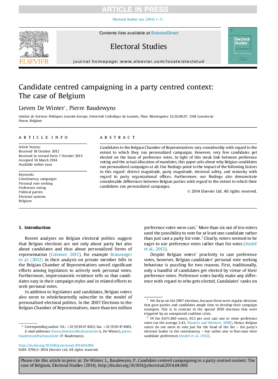 Candidate centred campaigning in a party centred context: The case of Belgium