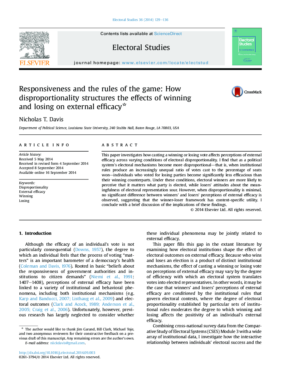 Responsiveness and the rules of the game: How disproportionality structures the effects of winning and losing on external efficacy