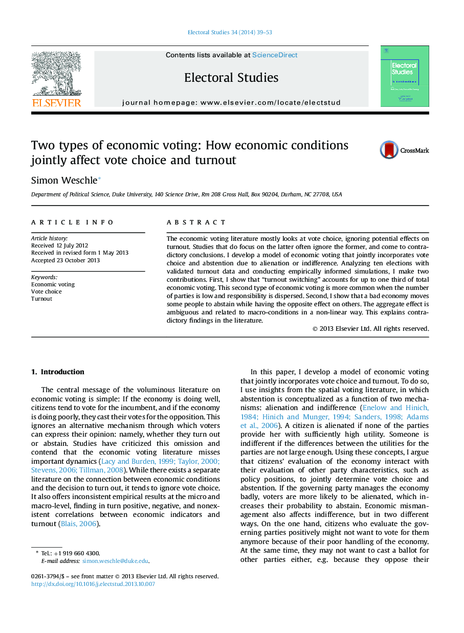 Two types of economic voting: How economic conditions jointly affect vote choice and turnout