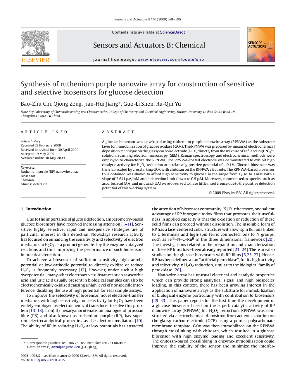 Synthesis of ruthenium purple nanowire array for construction of sensitive and selective biosensors for glucose detection