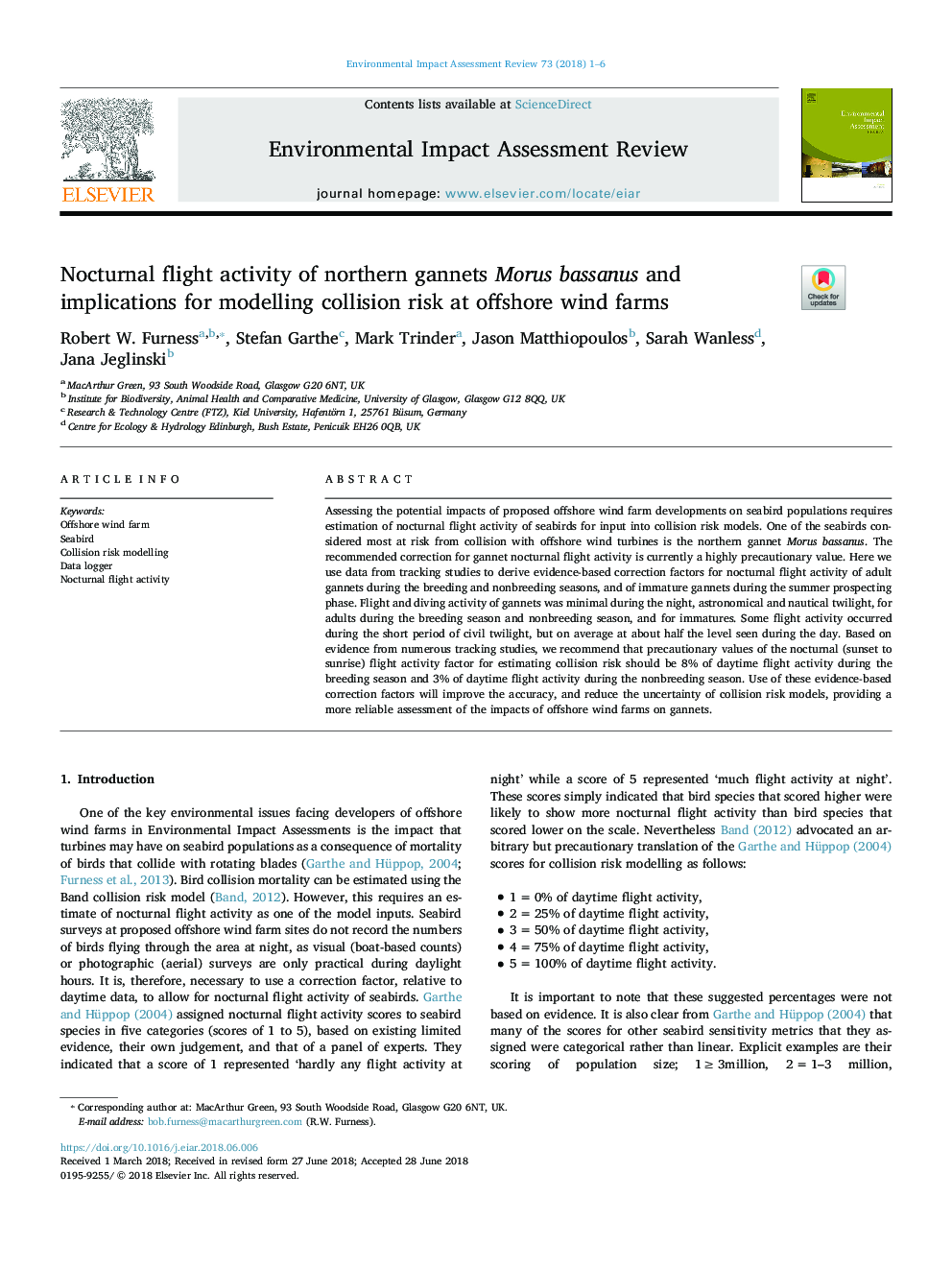 Nocturnal flight activity of northern gannets Morus bassanus and implications for modelling collision risk at offshore wind farms