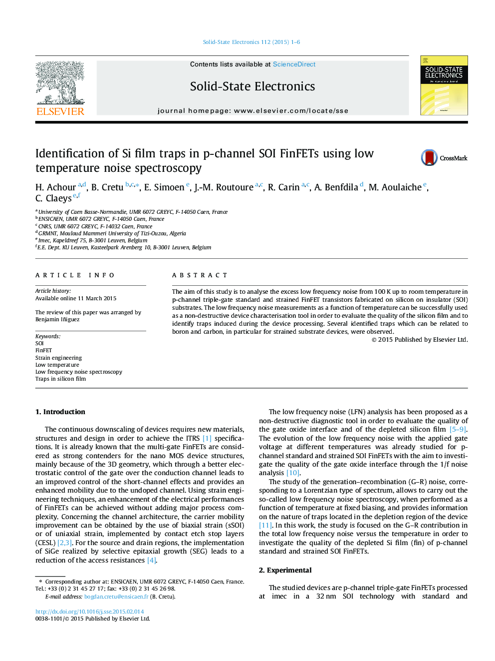 Identification of Si film traps in p-channel SOI FinFETs using low temperature noise spectroscopy