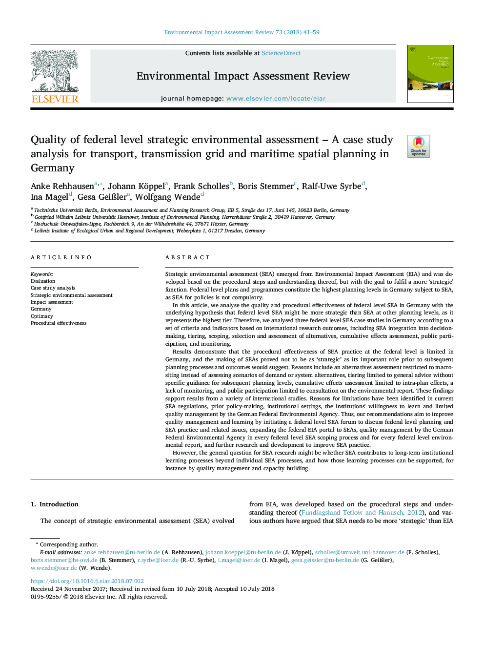 Quality of federal level strategic environmental assessment - A case study analysis for transport, transmission grid and maritime spatial planning in Germany