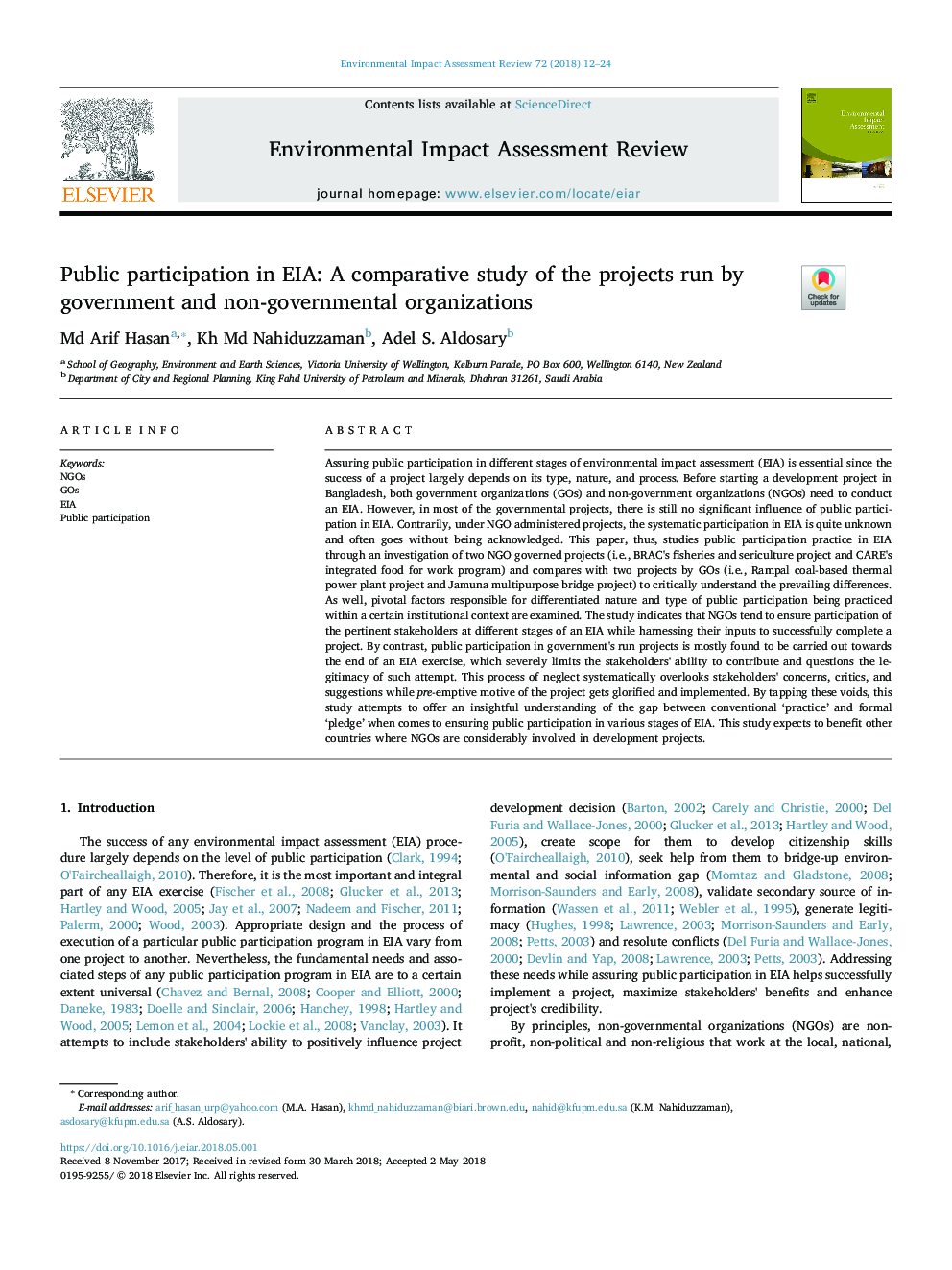 Public participation in EIA: A comparative study of the projects run by government and non-governmental organizations