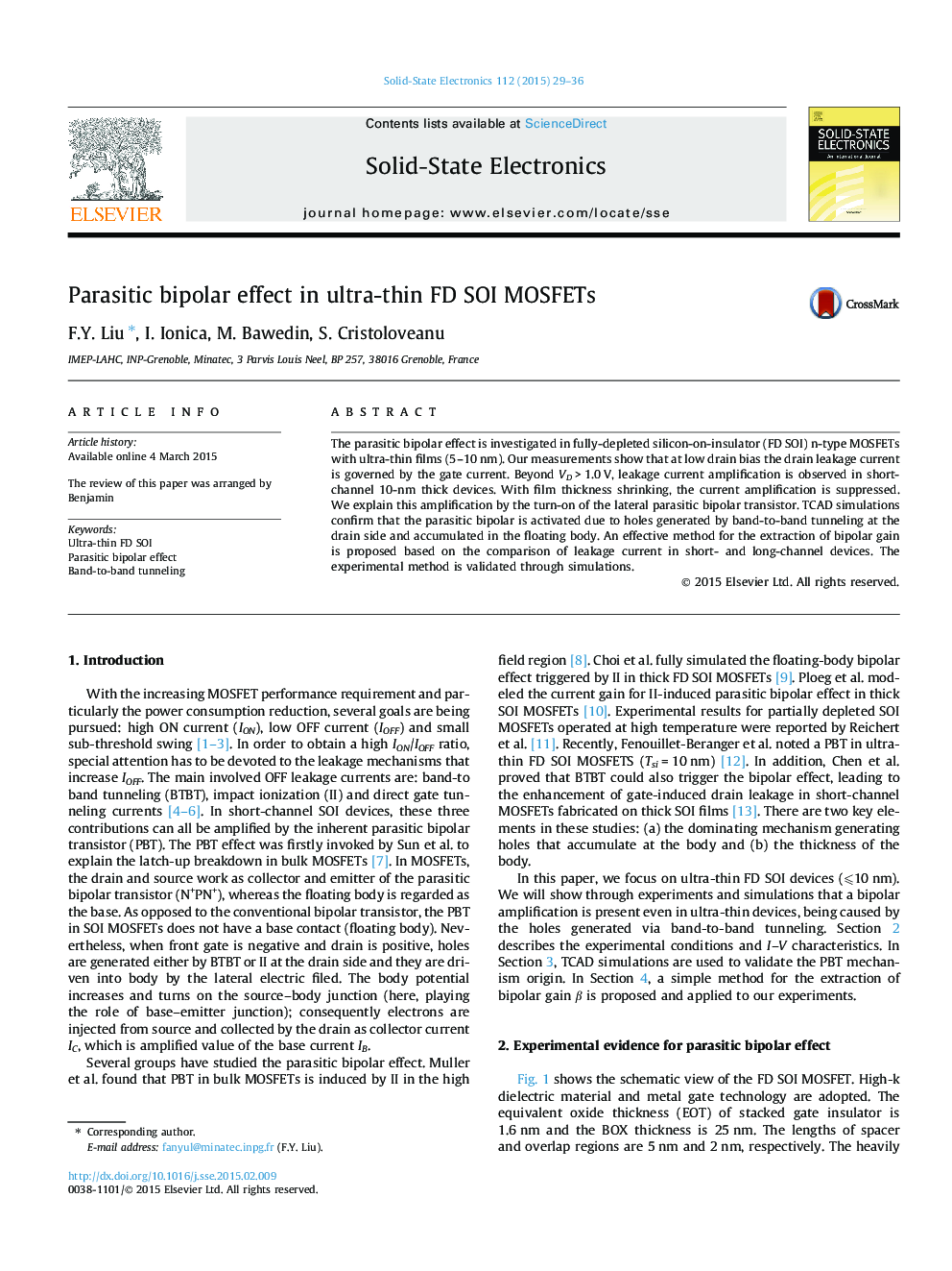 Parasitic bipolar effect in ultra-thin FD SOI MOSFETs