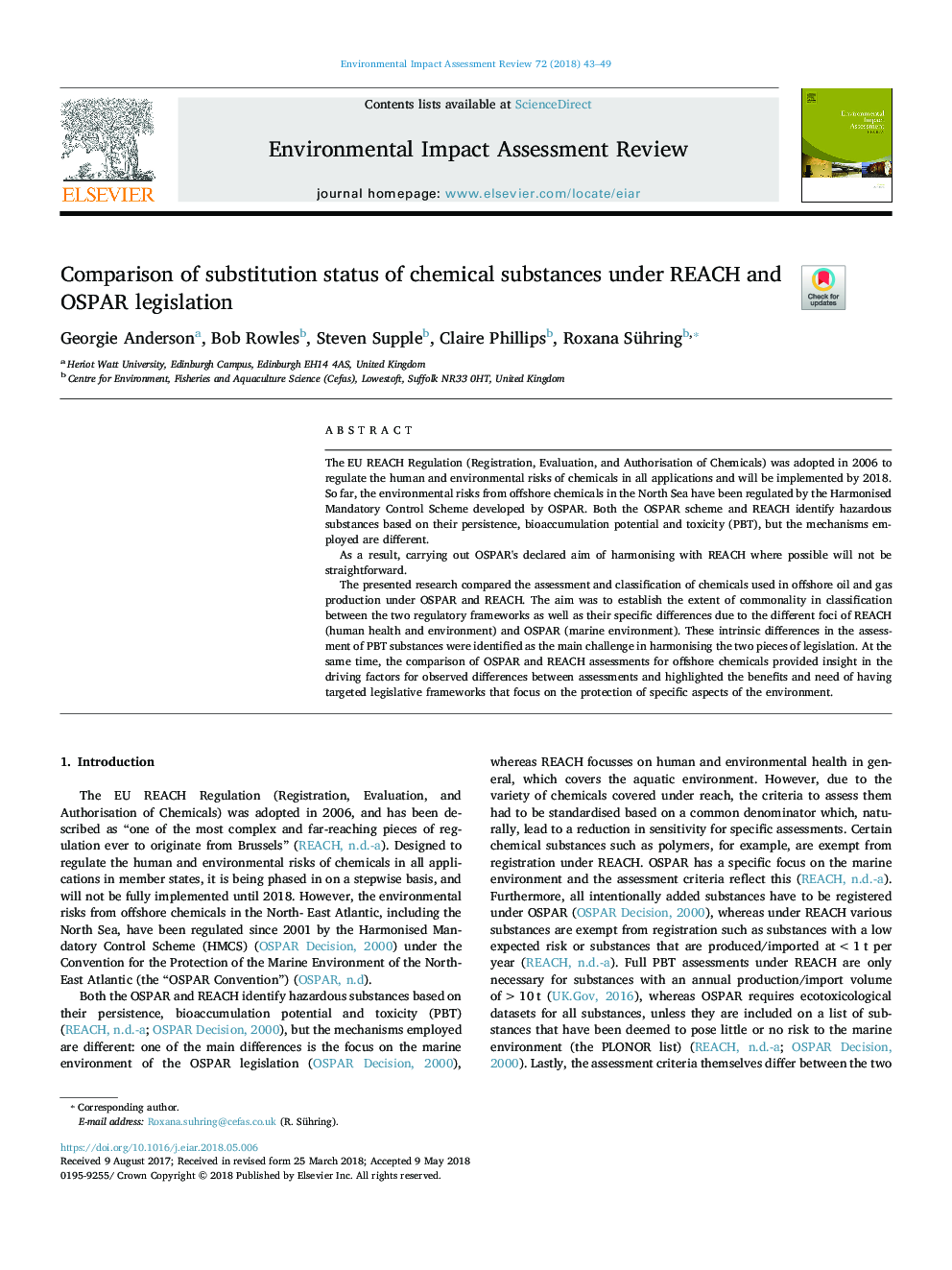 Comparison of substitution status of chemical substances under REACH and OSPAR legislation