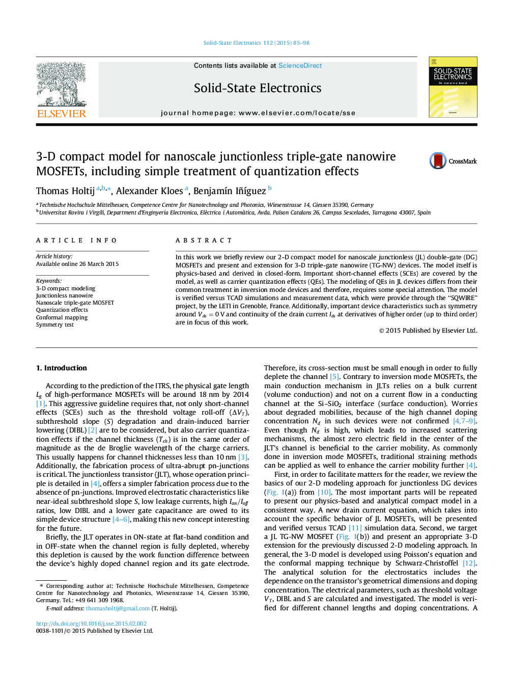 3-D compact model for nanoscale junctionless triple-gate nanowire MOSFETs, including simple treatment of quantization effects