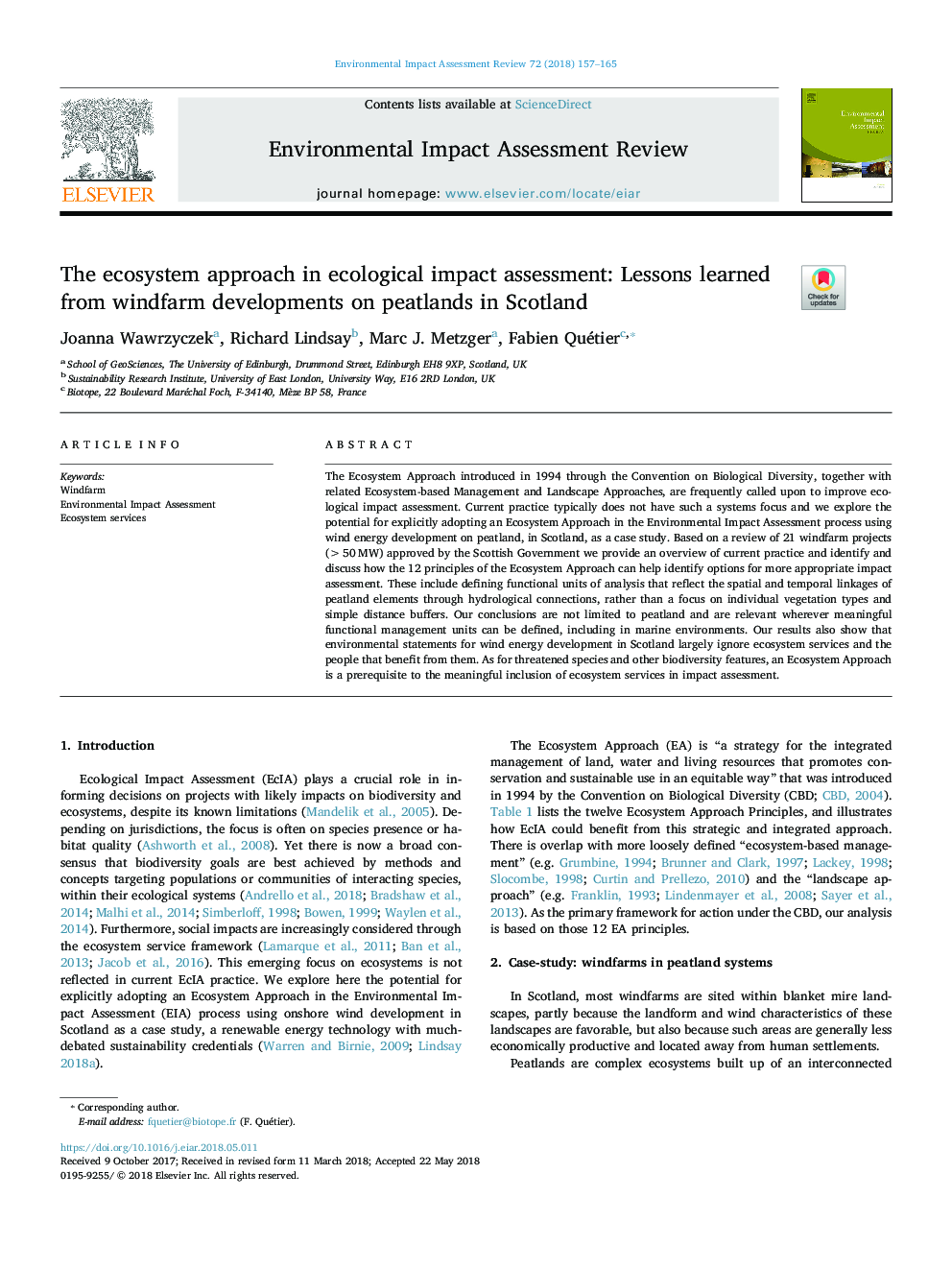 The ecosystem approach in ecological impact assessment: Lessons learned from windfarm developments on peatlands in Scotland