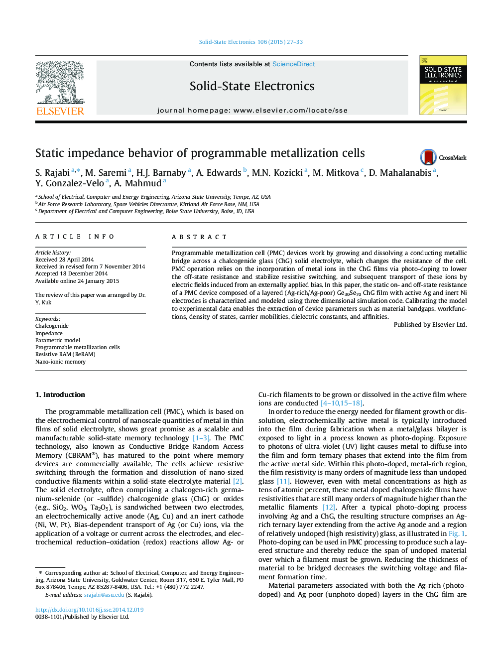 Static impedance behavior of programmable metallization cells