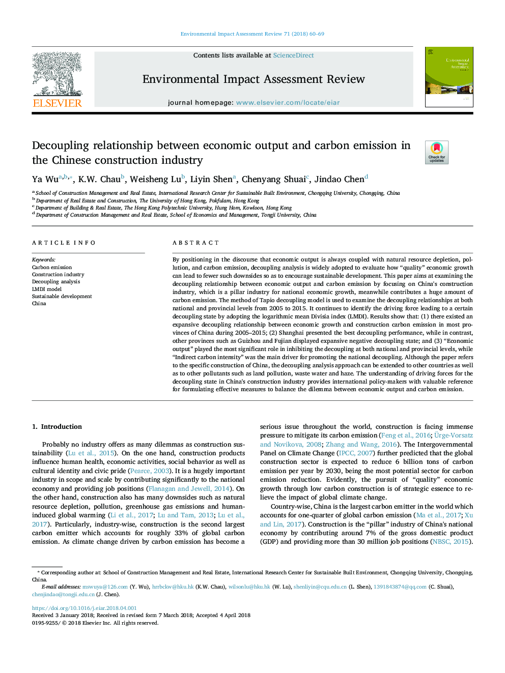 Decoupling relationship between economic output and carbon emission in the Chinese construction industry