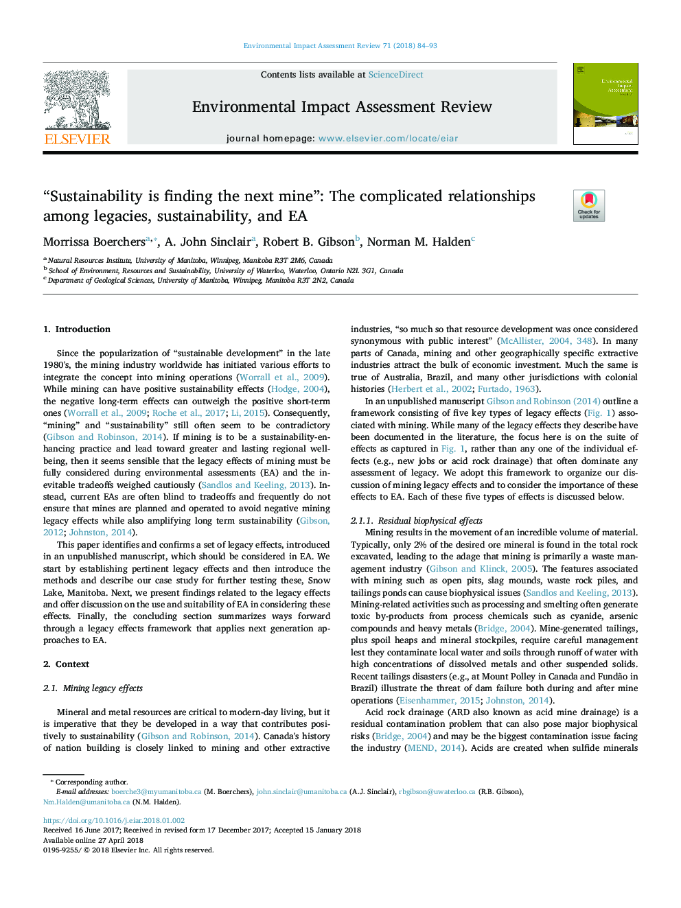 “Sustainability is finding the next mine”: The complicated relationships among legacies, sustainability, and EA