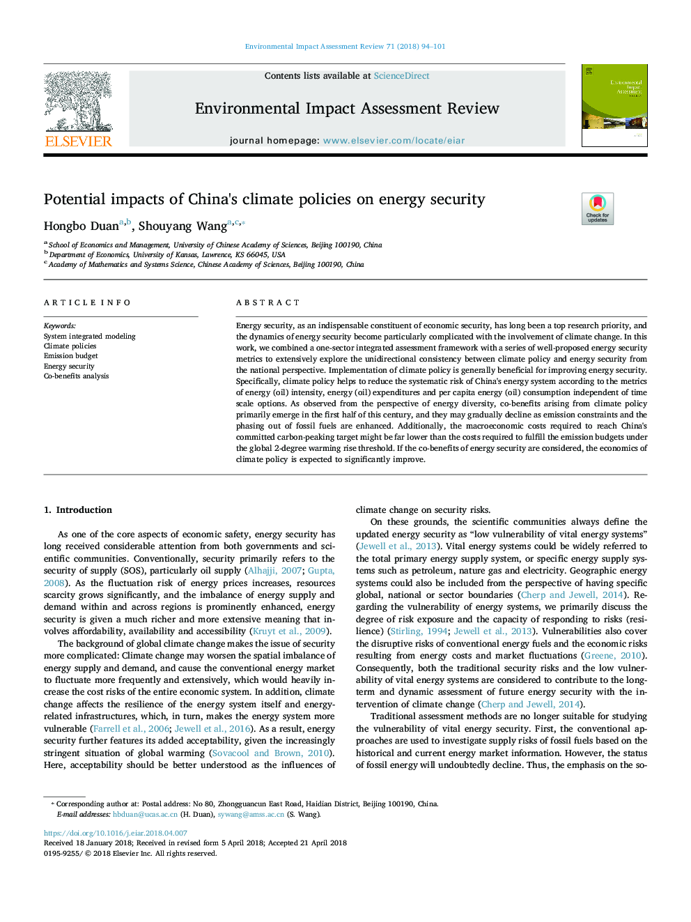 Potential impacts of China's climate policies on energy security