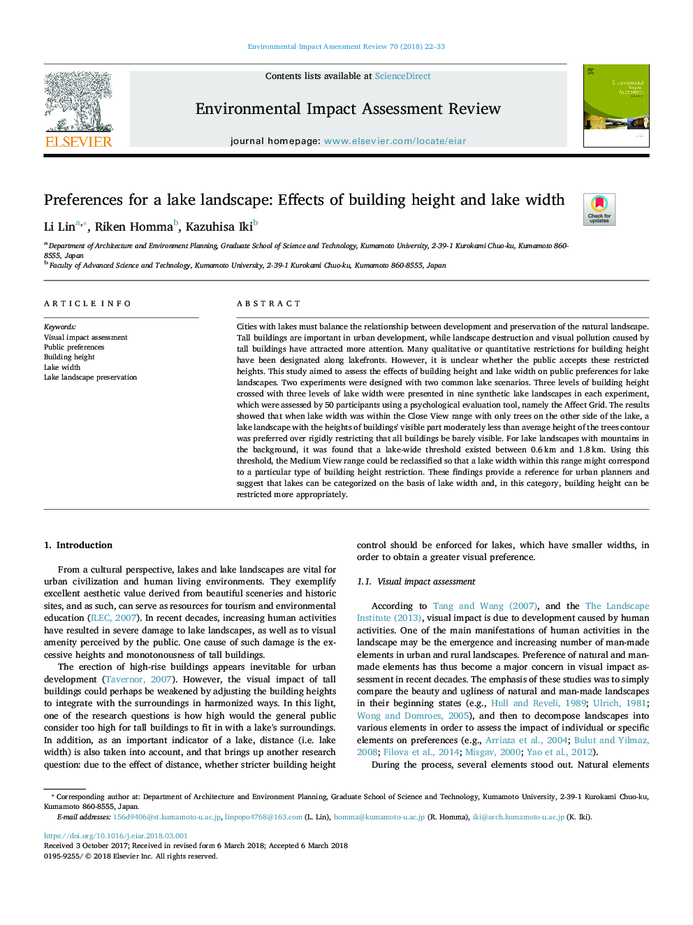 Preferences for a lake landscape: Effects of building height and lake width