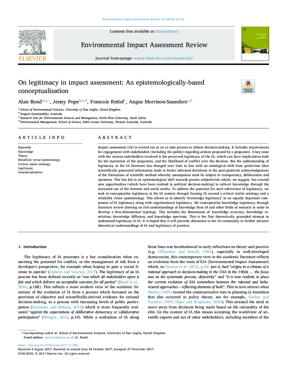 On legitimacy in impact assessment: An epistemologically-based conceptualisation