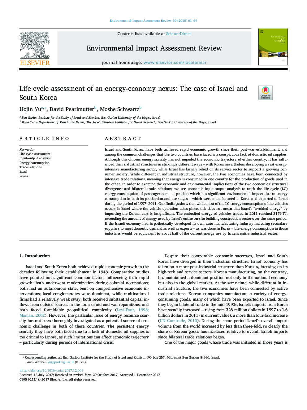 Life cycle assessment of an energy-economy nexus: The case of Israel and South Korea