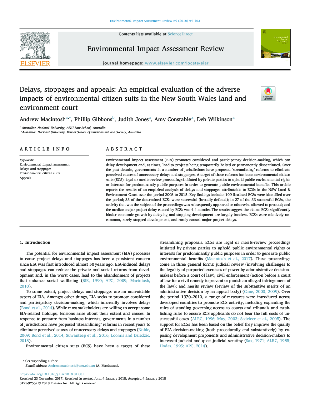 Delays, stoppages and appeals: An empirical evaluation of the adverse impacts of environmental citizen suits in the New South Wales land and environment court