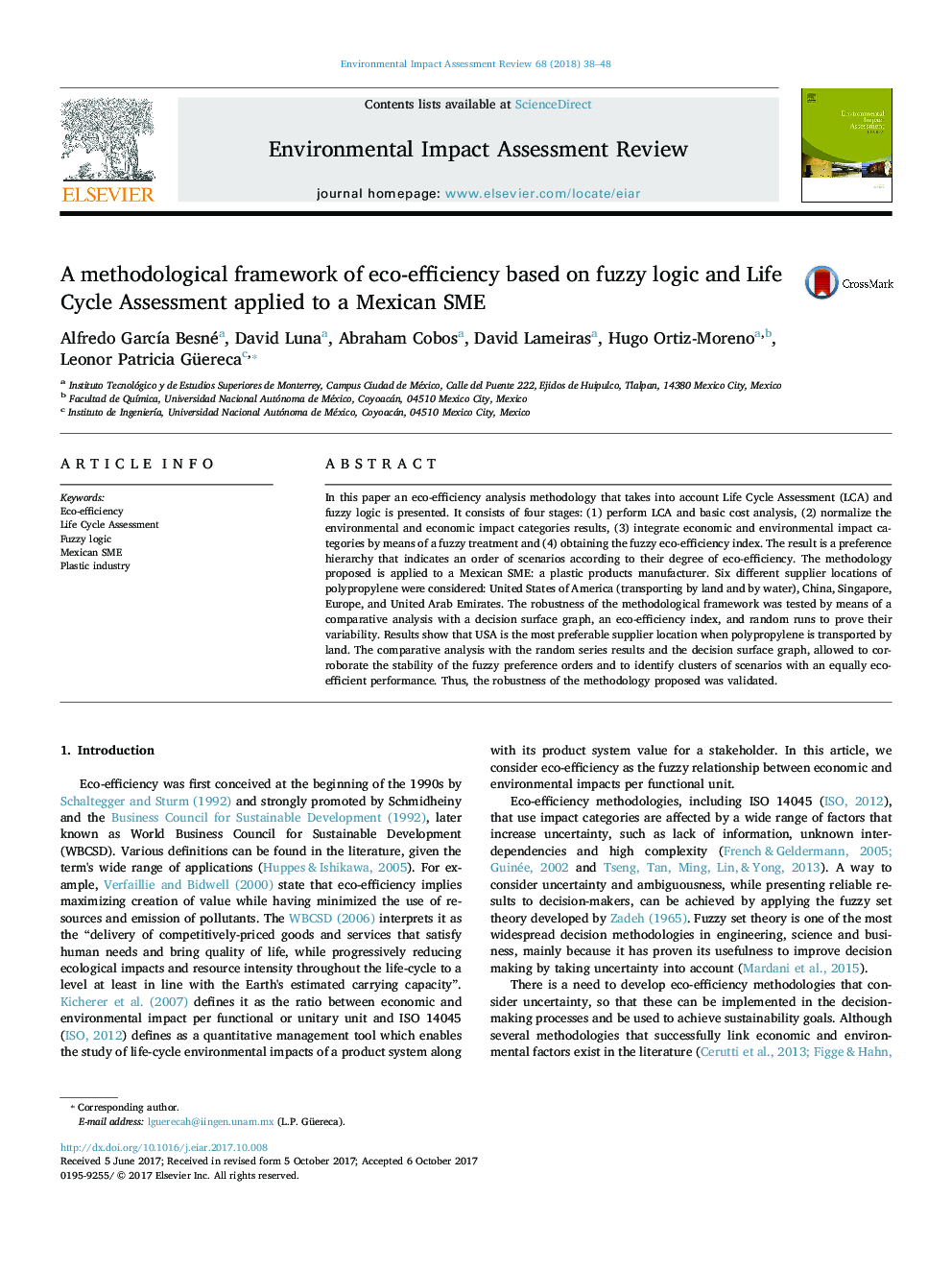 A methodological framework of eco-efficiency based on fuzzy logic and Life Cycle Assessment applied to a Mexican SME