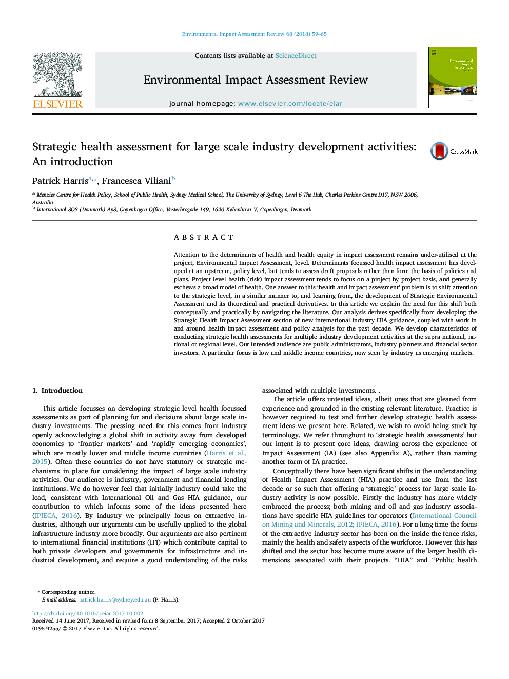 Strategic health assessment for large scale industry development activities: An introduction