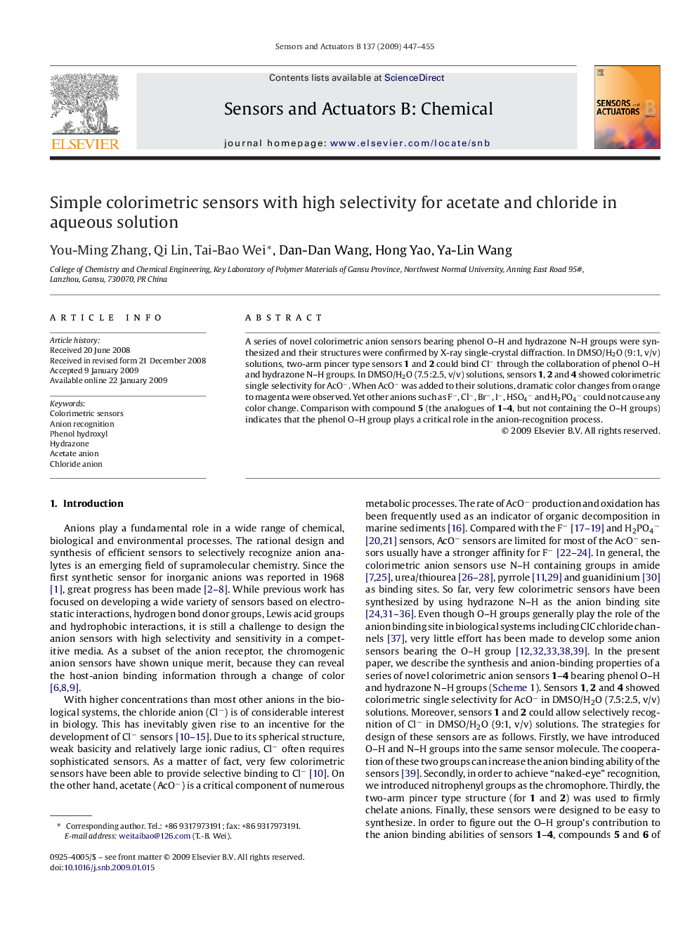 Simple colorimetric sensors with high selectivity for acetate and chloride in aqueous solution