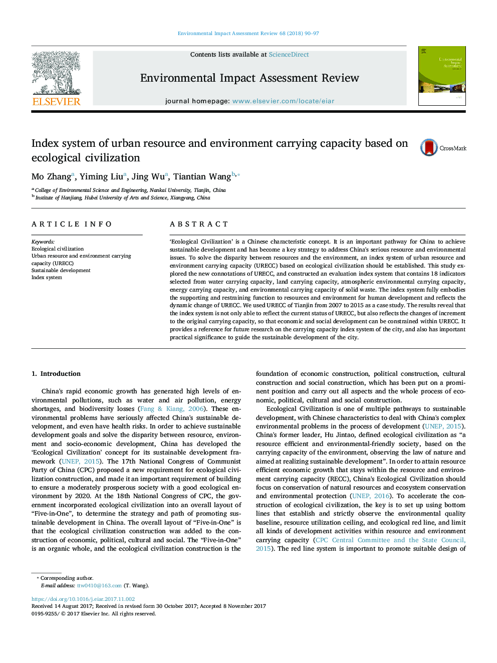 Index system of urban resource and environment carrying capacity based on ecological civilization