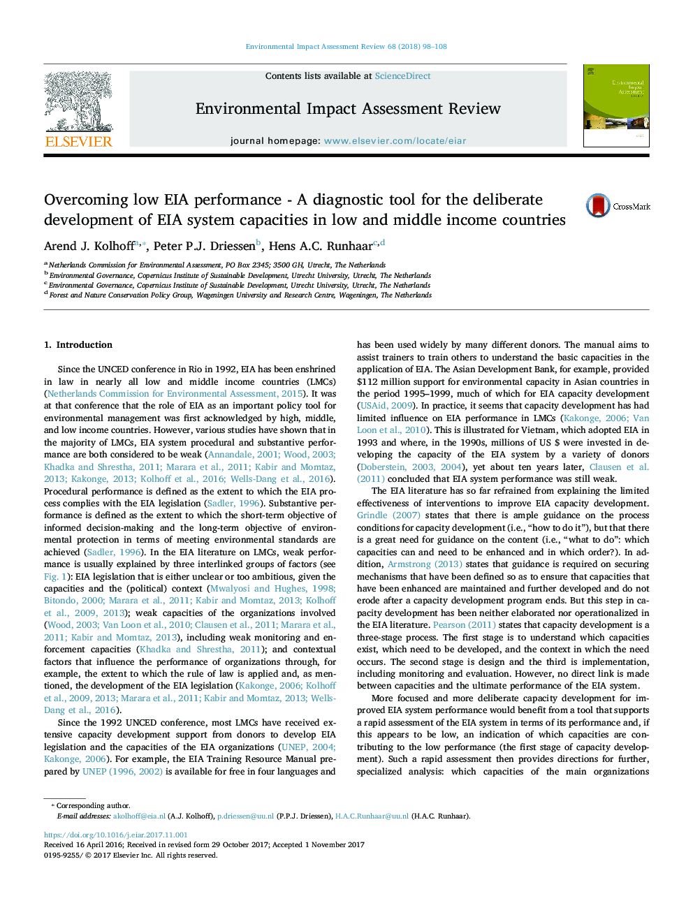 Overcoming low EIA performance - A diagnostic tool for the deliberate development of EIA system capacities in low and middle income countries