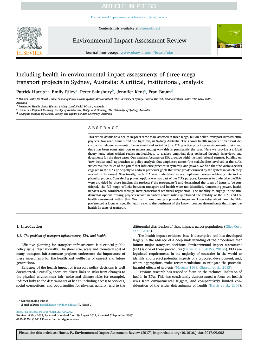 Including health in environmental impact assessments of three mega transport projects in Sydney, Australia: A critical, institutional, analysis