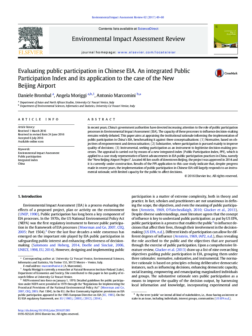 Evaluating public participation in Chinese EIA. An integrated Public Participation Index and its application to the case of the New Beijing Airport