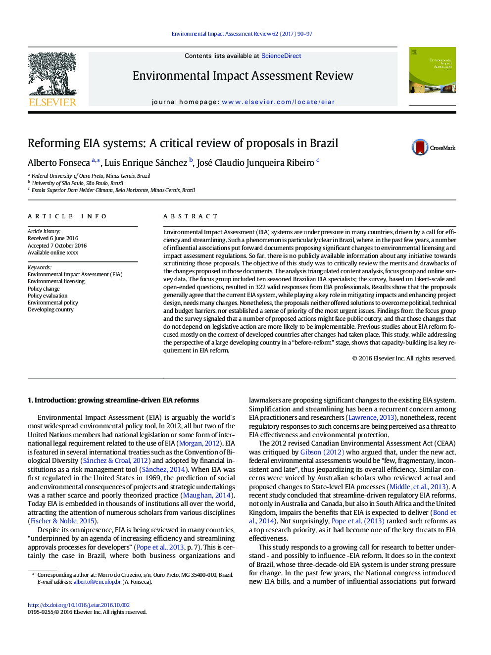 Reforming EIA systems: A critical review of proposals in Brazil