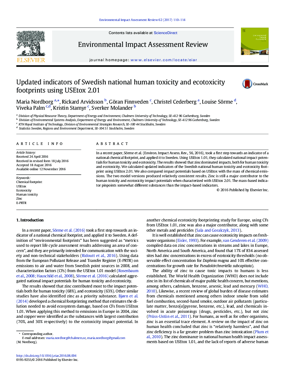 Updated indicators of Swedish national human toxicity and ecotoxicity footprints using USEtox 2.01