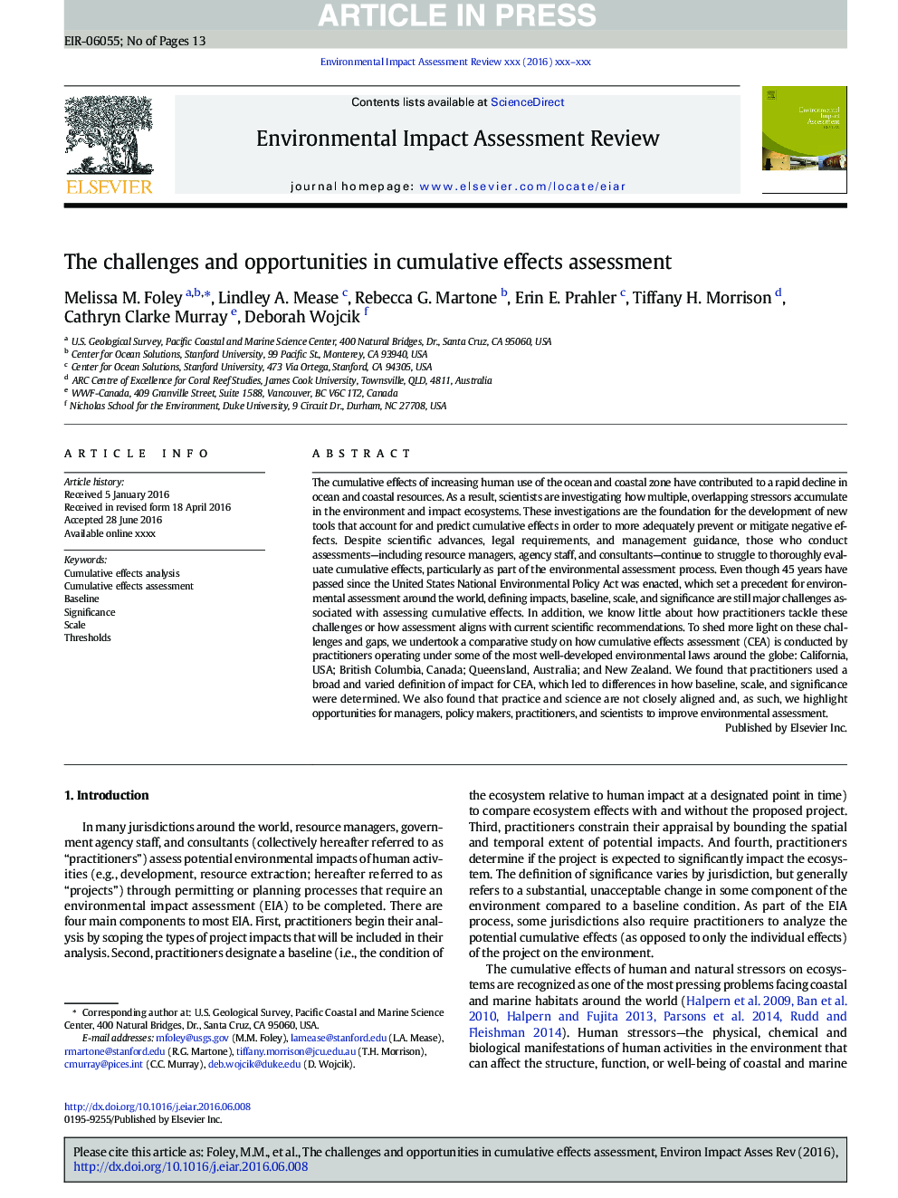 The challenges and opportunities in cumulative effects assessment