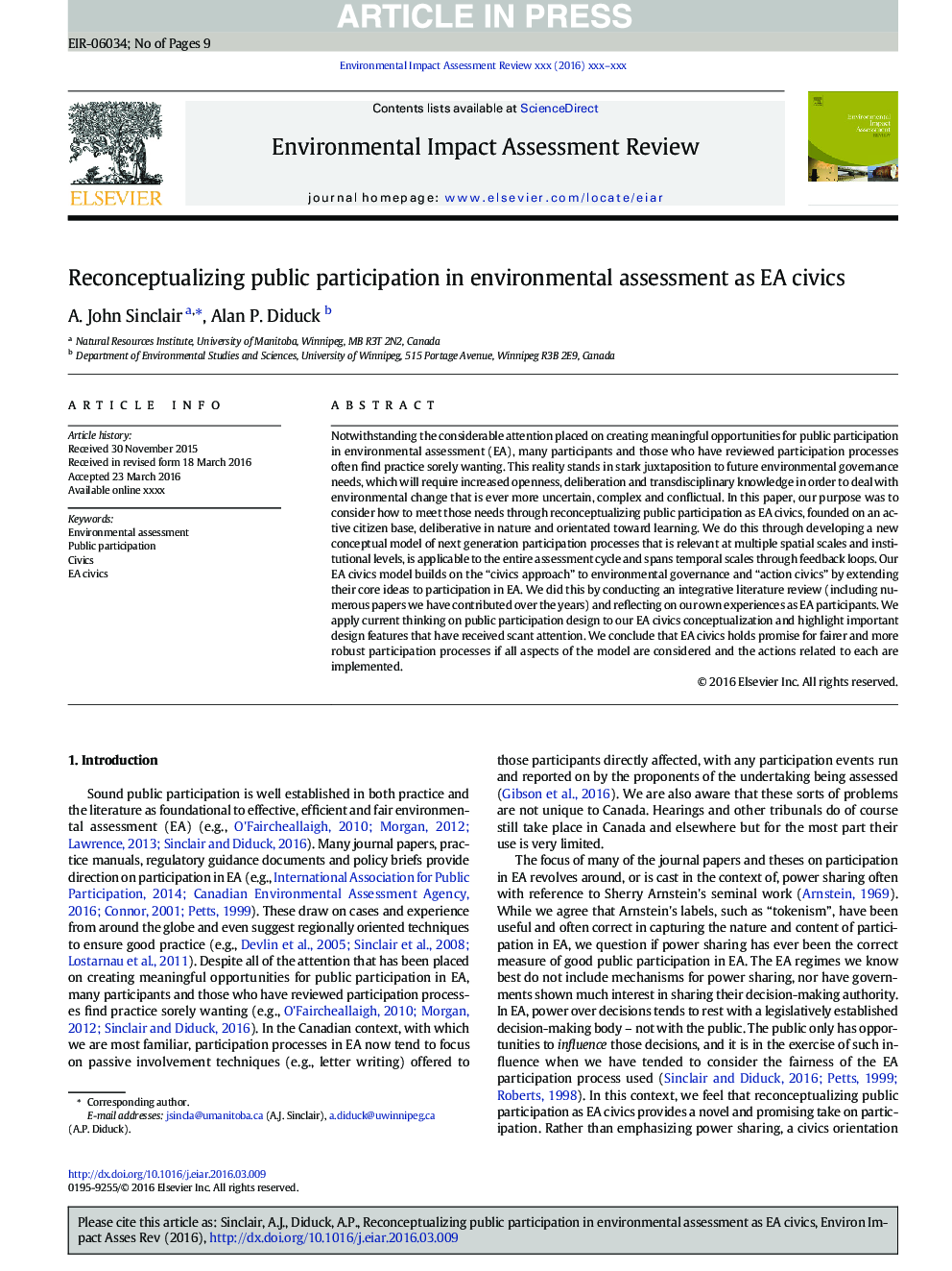 Reconceptualizing public participation in environmental assessment as EA civics