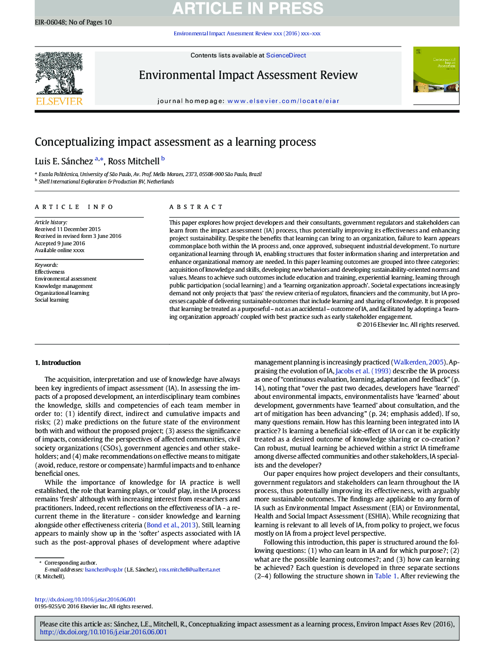 Conceptualizing impact assessment as a learning process