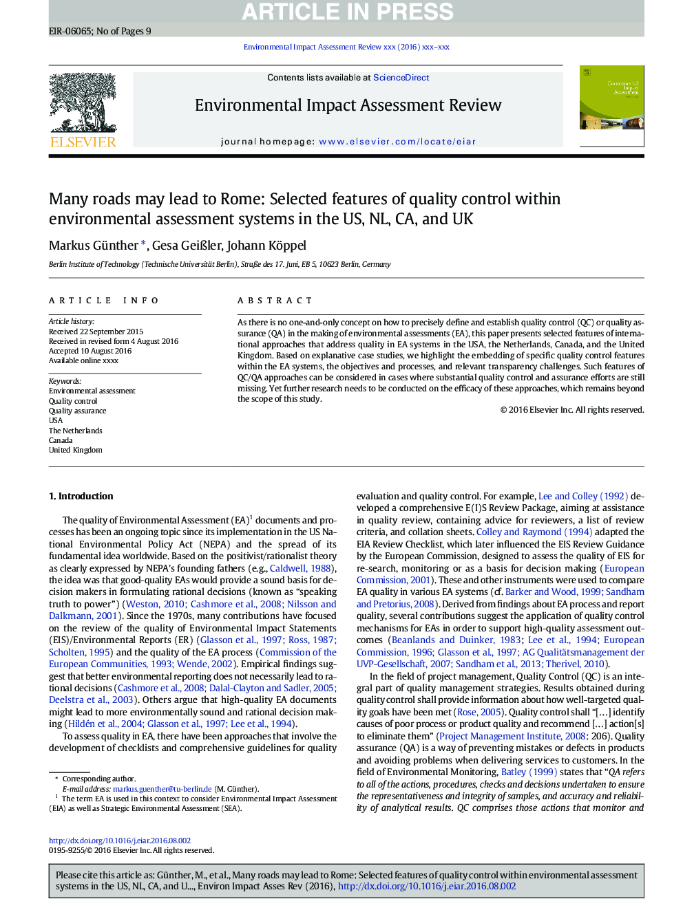 Many roads may lead to Rome: Selected features of quality control within environmental assessment systems in the US, NL, CA, and UK