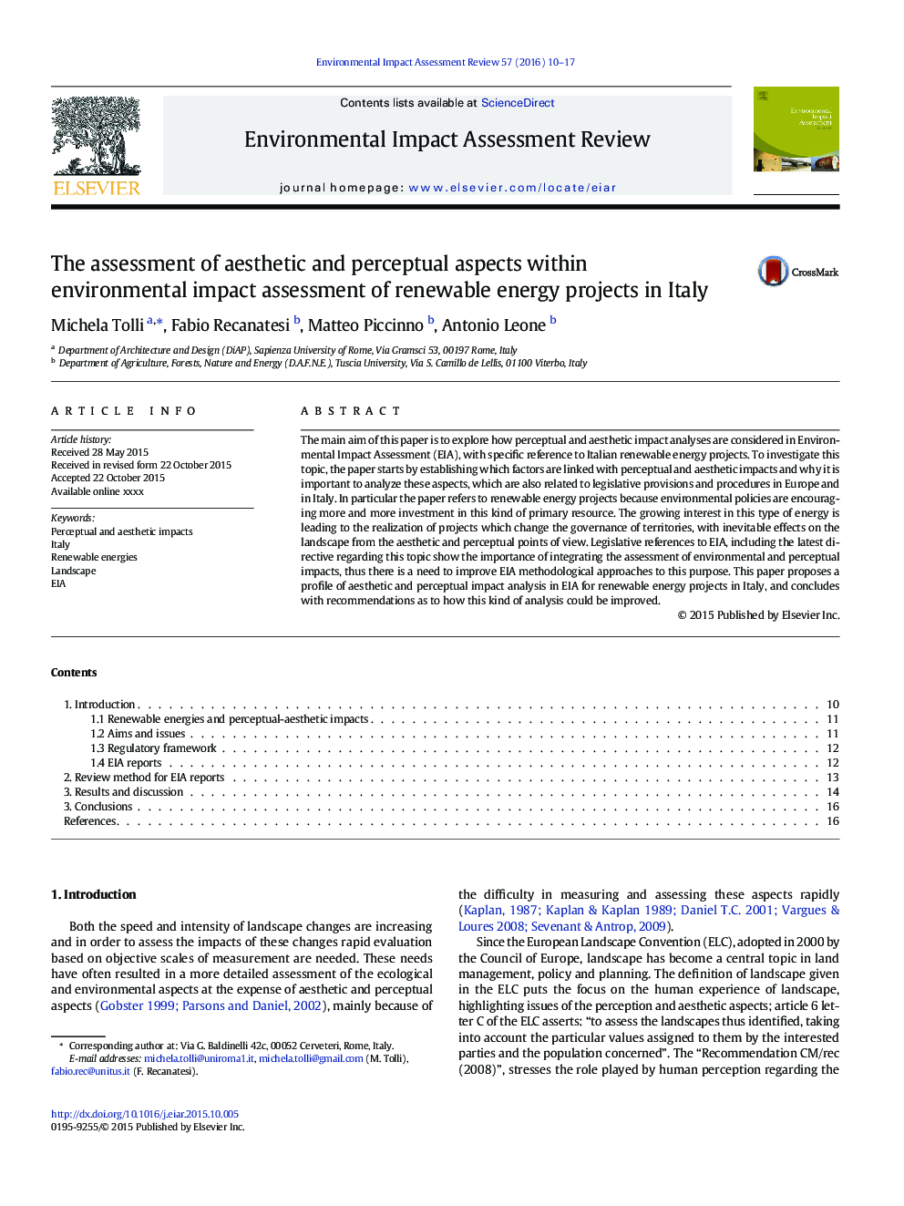 The assessment of aesthetic and perceptual aspects within environmental impact assessment of renewable energy projects in Italy
