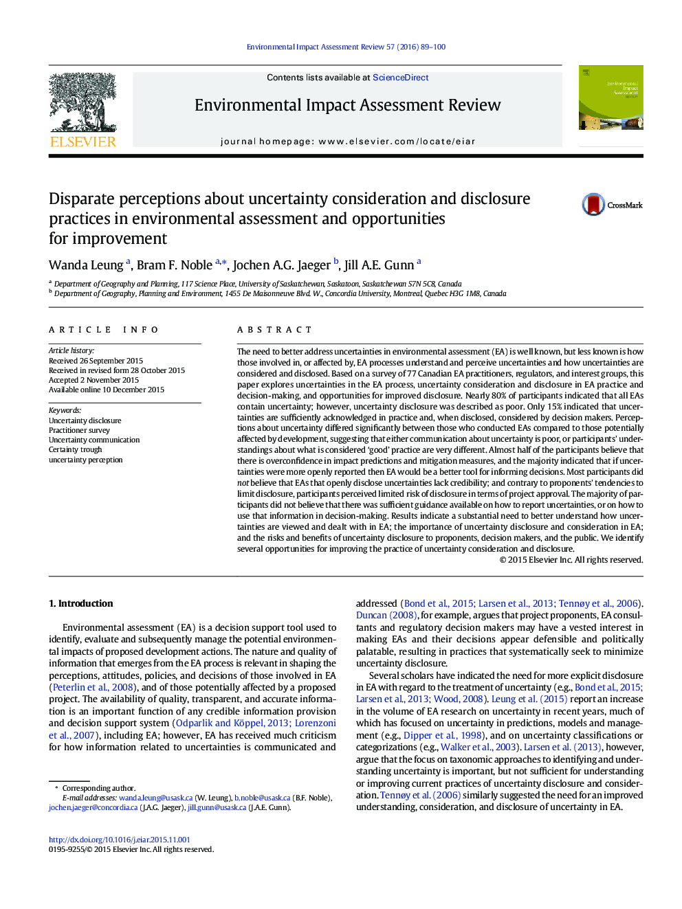 Disparate perceptions about uncertainty consideration and disclosure practices in environmental assessment and opportunities for improvement