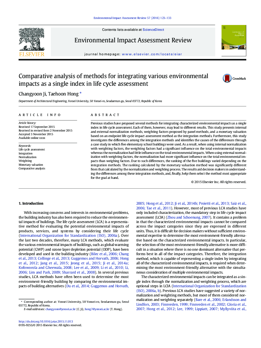 Comparative analysis of methods for integrating various environmental impacts as a single index in life cycle assessment