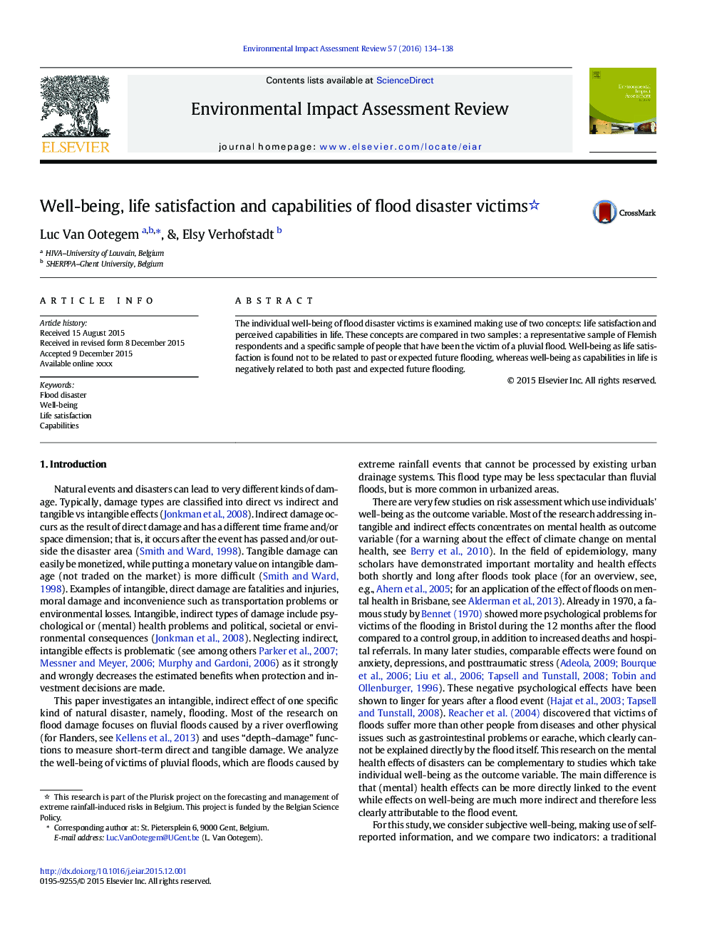 Well-being, life satisfaction and capabilities of flood disaster victims