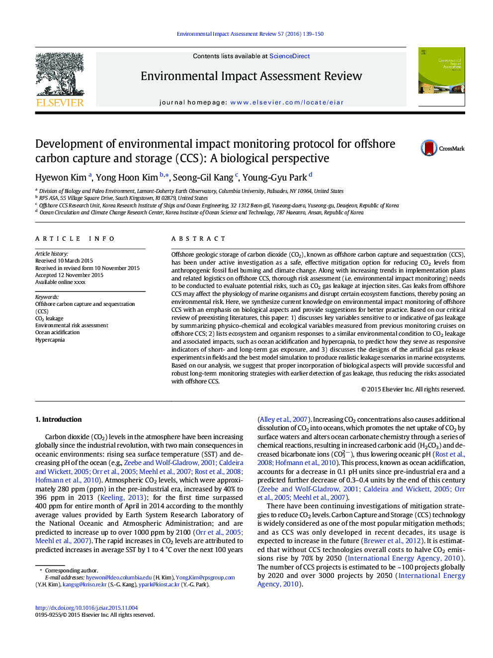 Development of environmental impact monitoring protocol for offshore carbon capture and storage (CCS): A biological perspective