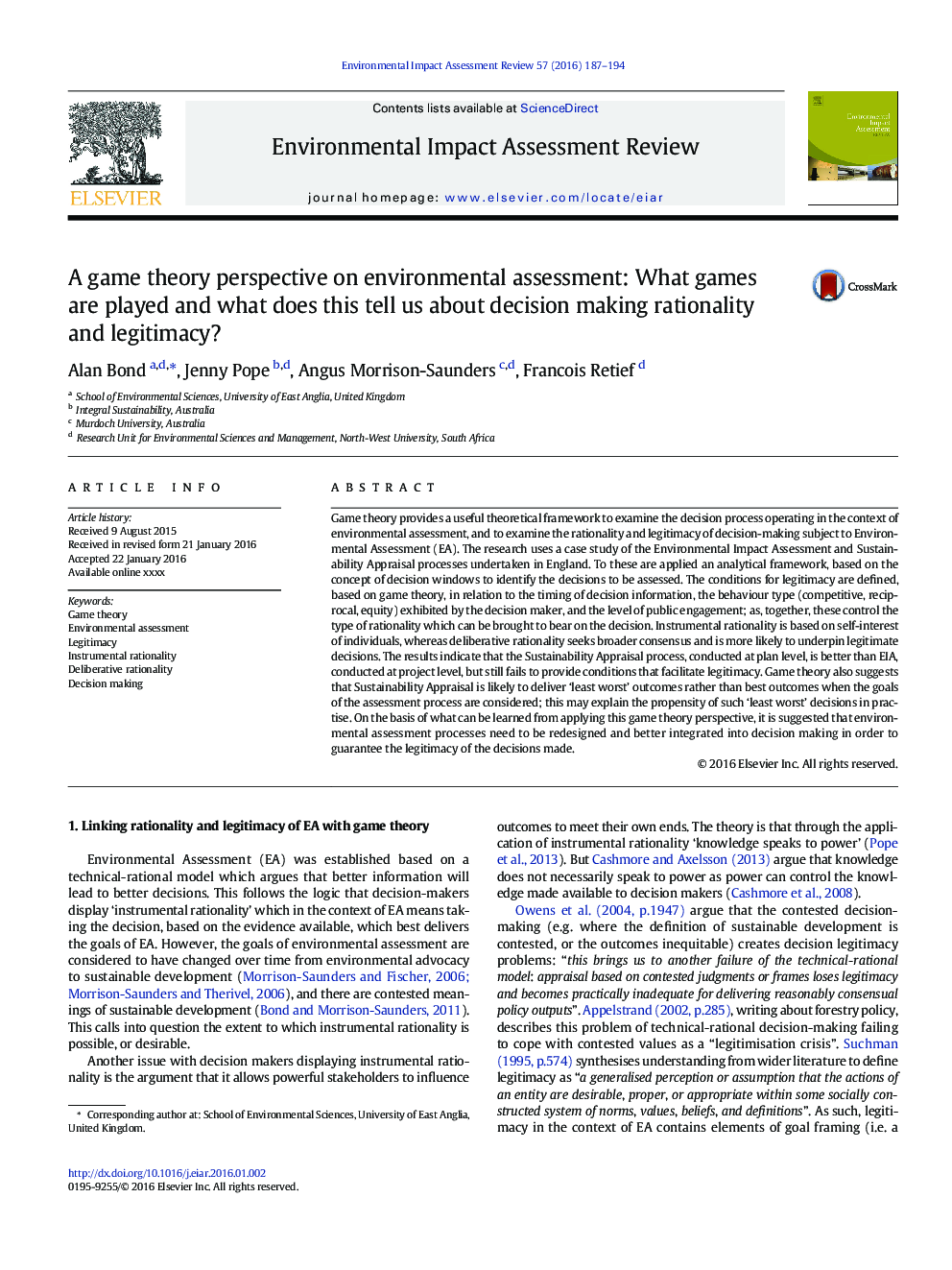 A game theory perspective on environmental assessment: What games are played and what does this tell us about decision making rationality and legitimacy?