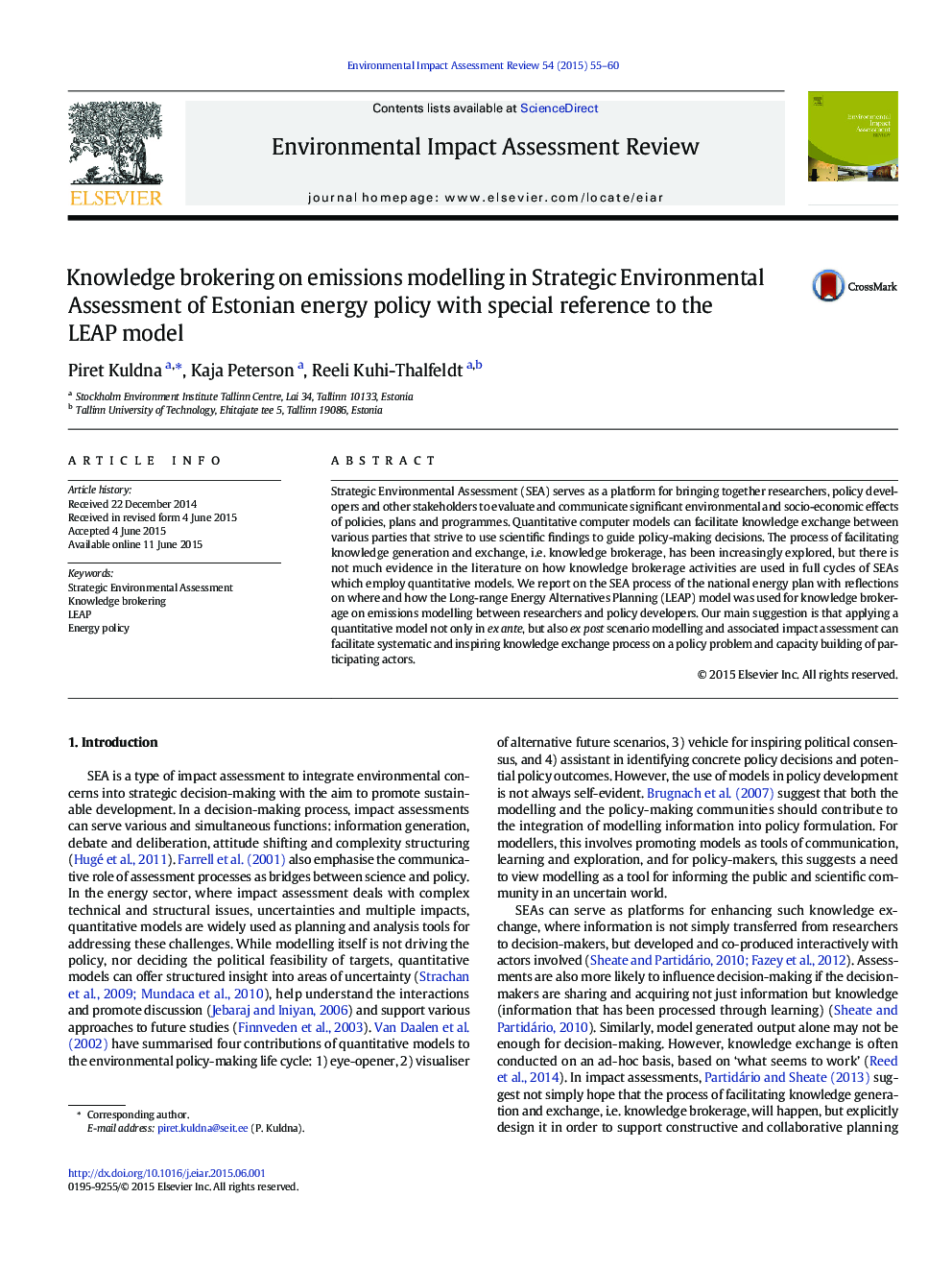 Knowledge brokering on emissions modelling in Strategic Environmental Assessment of Estonian energy policy with special reference to the LEAP model