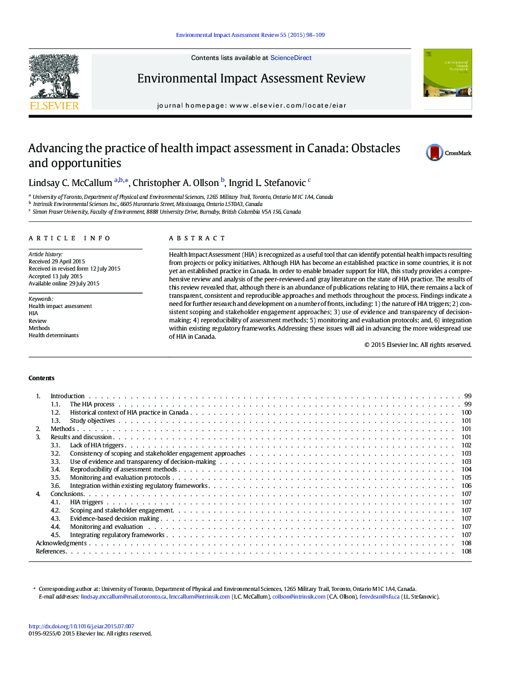 Advancing the practice of health impact assessment in Canada: Obstacles and opportunities