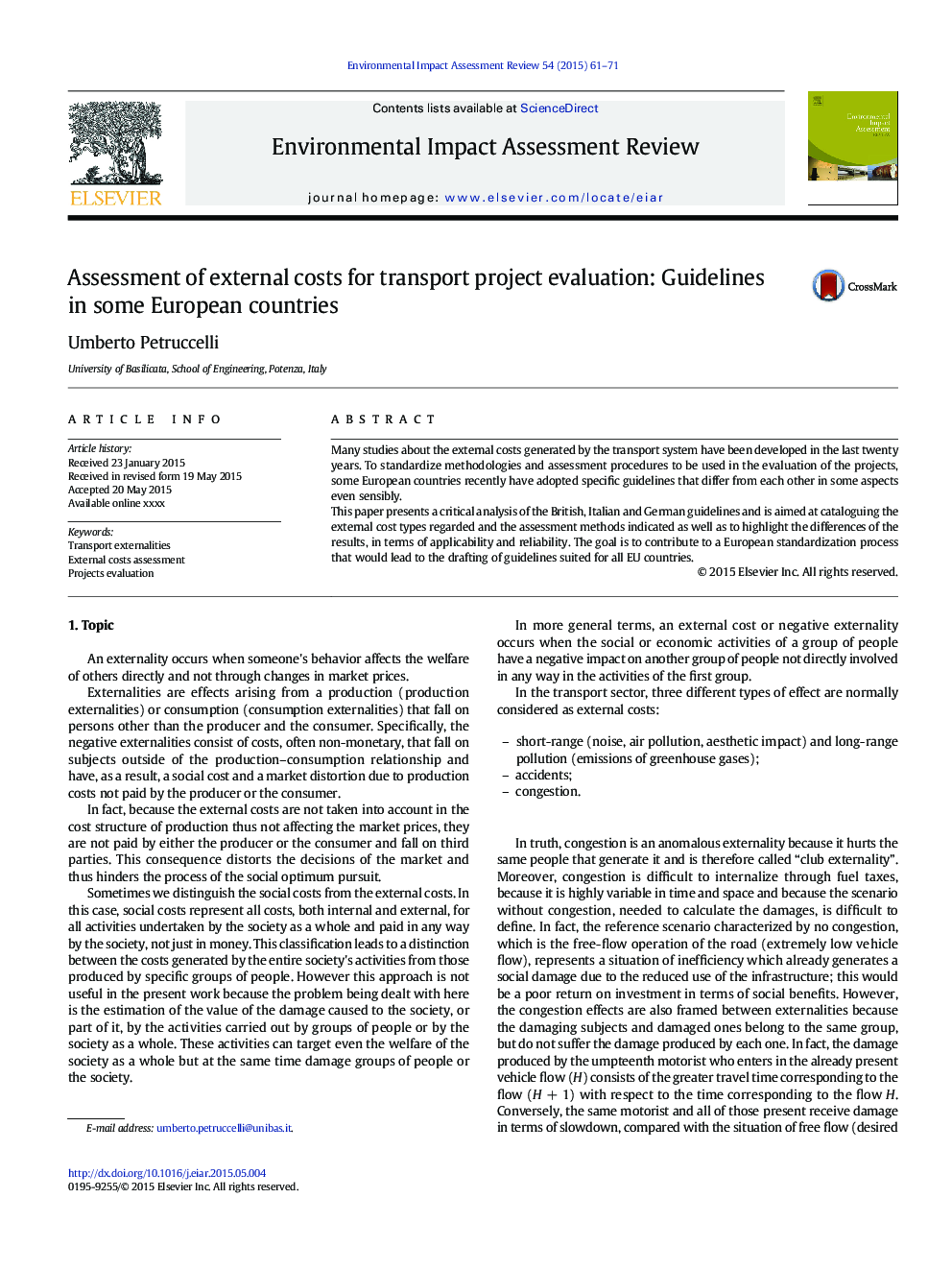 Assessment of external costs for transport project evaluation: Guidelines in some European countries