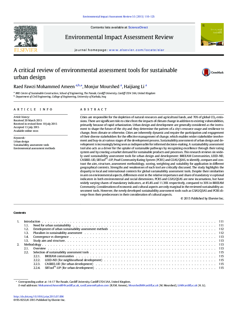 A critical review of environmental assessment tools for sustainable urban design