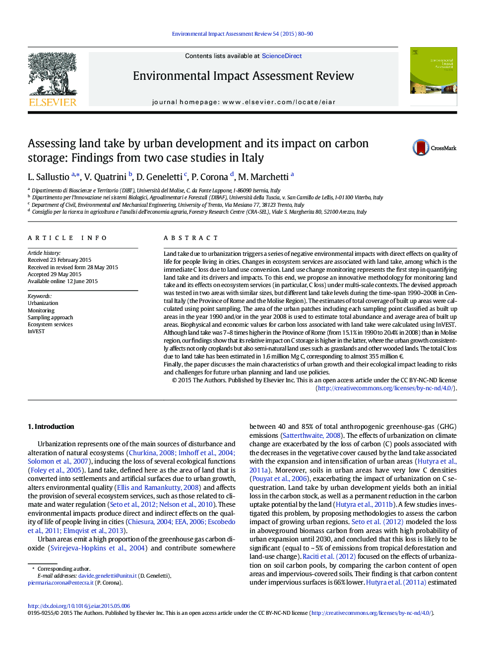 Assessing land take by urban development and its impact on carbon storage: Findings from two case studies in Italy