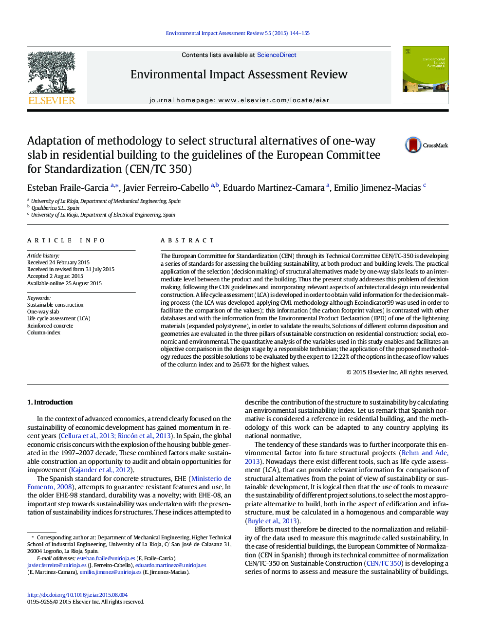 Adaptation of methodology to select structural alternatives of one-way slab in residential building to the guidelines of the European Committee for Standardization (CEN/TC 350)