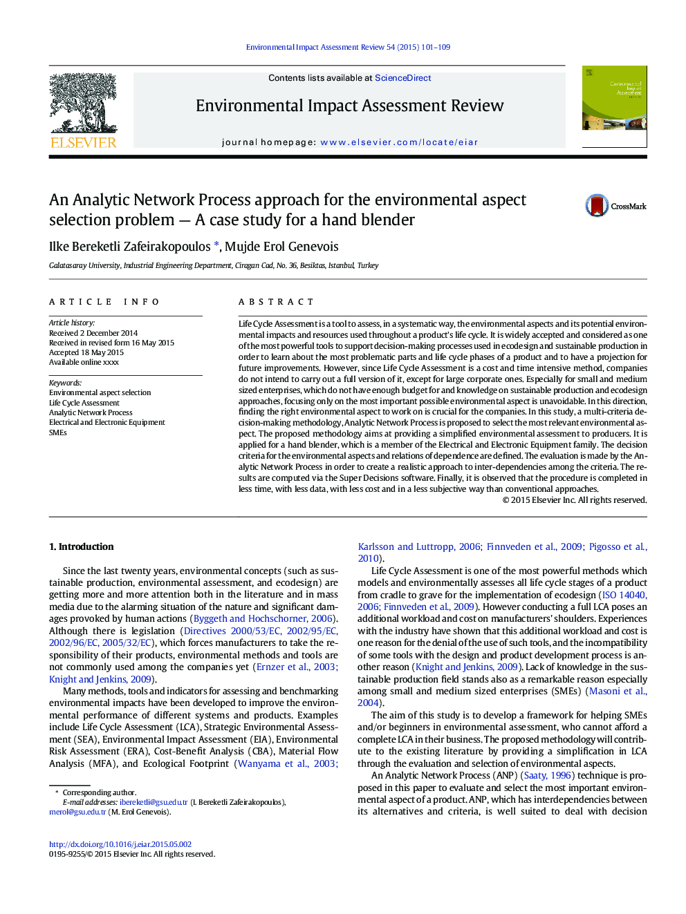 An Analytic Network Process approach for the environmental aspect selection problem - A case study for a hand blender