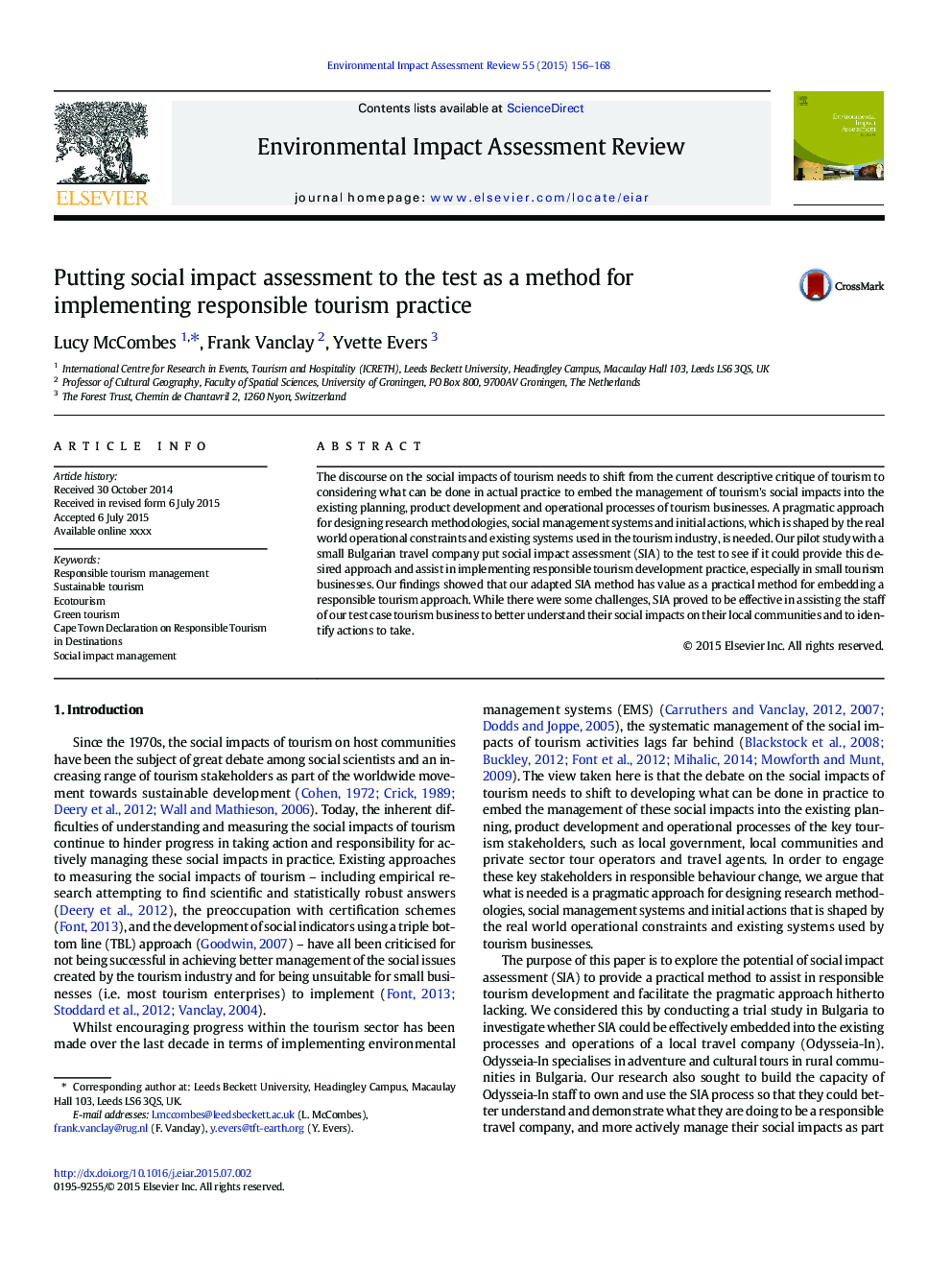 Putting social impact assessment to the test as a method for implementing responsible tourism practice